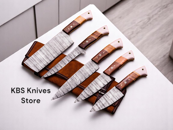 5-piece Damascus steel knife set with Olivewood, Rosewood, and Bone handles

