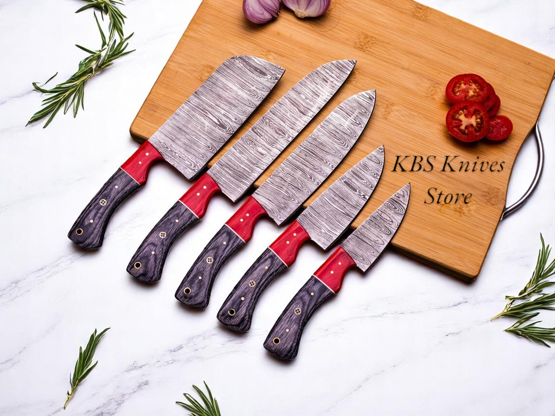 5-piece Damascus cooking knives set with exotic Pakka wood handles

