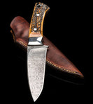 The Wilderness Elegance - An 8.5-inch hunting knife featuring a Full Tang Damascus Steel Blade, Antler Horn handle with Steel Bolster, and a leather sheath, available at KBS Knives Store for outdoor enthusiasts and hunters.