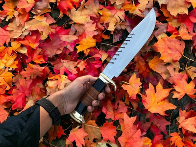 16-inch Bowie Knife with sharp D2 steel blade and brass guards.
