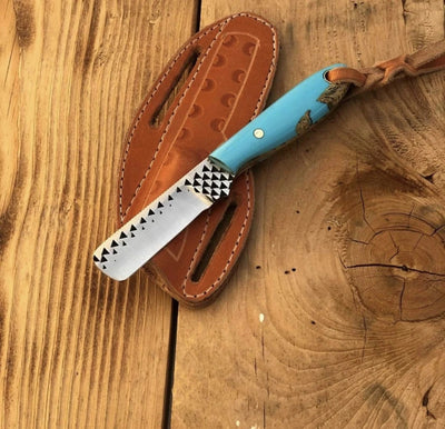7.25-inch Bull Cutter Cowboy Knife with rasp tool steel blade and leather sheath