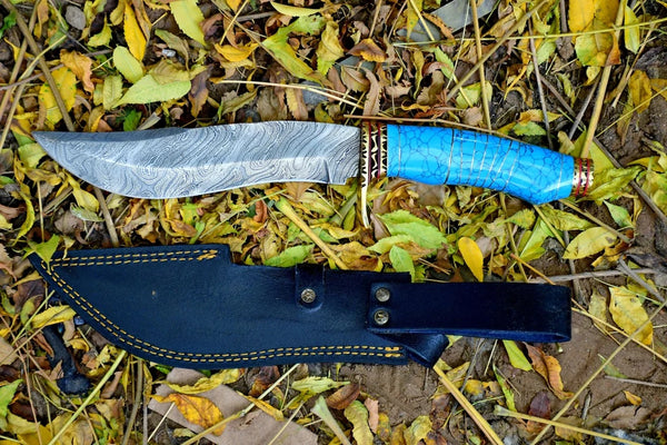 Custom Handmade Damascus Steel Kukri Knife with Turquoise Epoxy Resin Handle and Leather Sheath - 13 Inches by KBS Knives Store