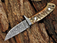 8-Inch Damascus Steel Blade Skinning Knife with Leather Sheath