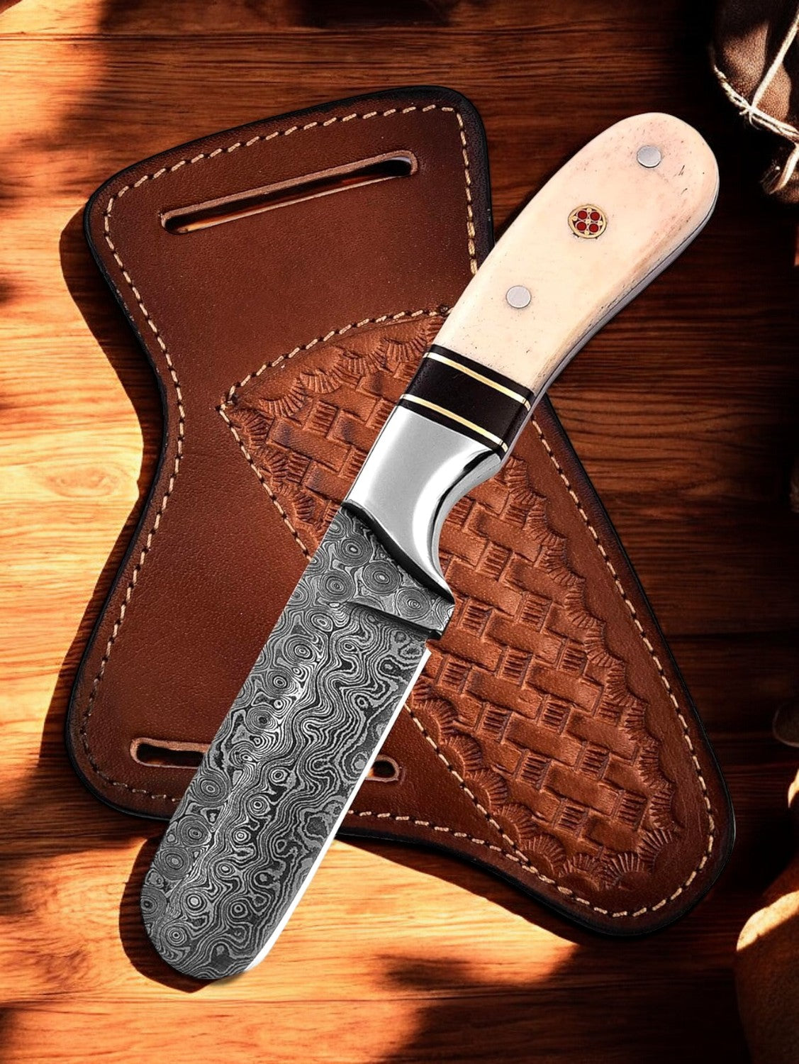 Custom Handmade Bull Cutter Knife – 7" Raindrops Damascus Steel

