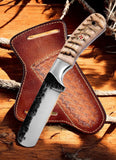 Close-up of the sheep horn handle and steel bolster on the Bull Cutter knife.