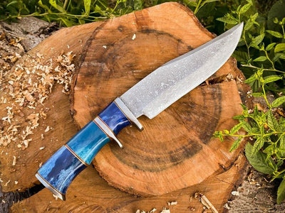 Premium Damascus Steel Hunting Bowie Knife with Raindrop Pattern and Leather Sheath