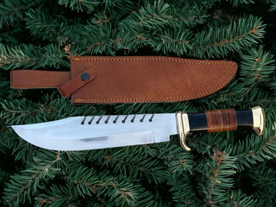 Handmade Bowie Knife with leather sheath, perfect for everyday use.
