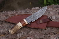 Custom Handmade Damascus Steel Hunting Knife with Rosewood, Stag Horn, Bone and Damascus Guard Handle