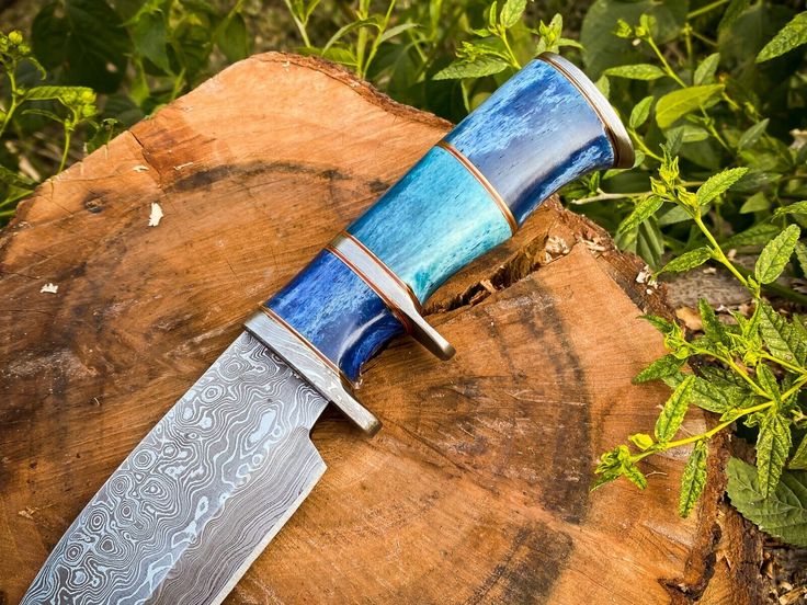 KBS Knives Custom Handcrafted Bowie Knife with Damascus Steel Blade and Colored Bone Handle