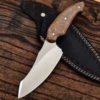 Custom D2 steel hunting knife with G10 handle and leather sheath
