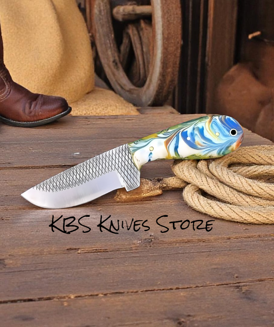 Best cowboy knife with 4 inch rasp steel blade and sky blue epoxy resin handle