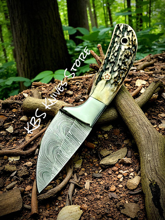 Buckaroo Knife for Rancher 5.5" Damascus Steel Full Tang Blade with Antler Horn & Leather Sheath