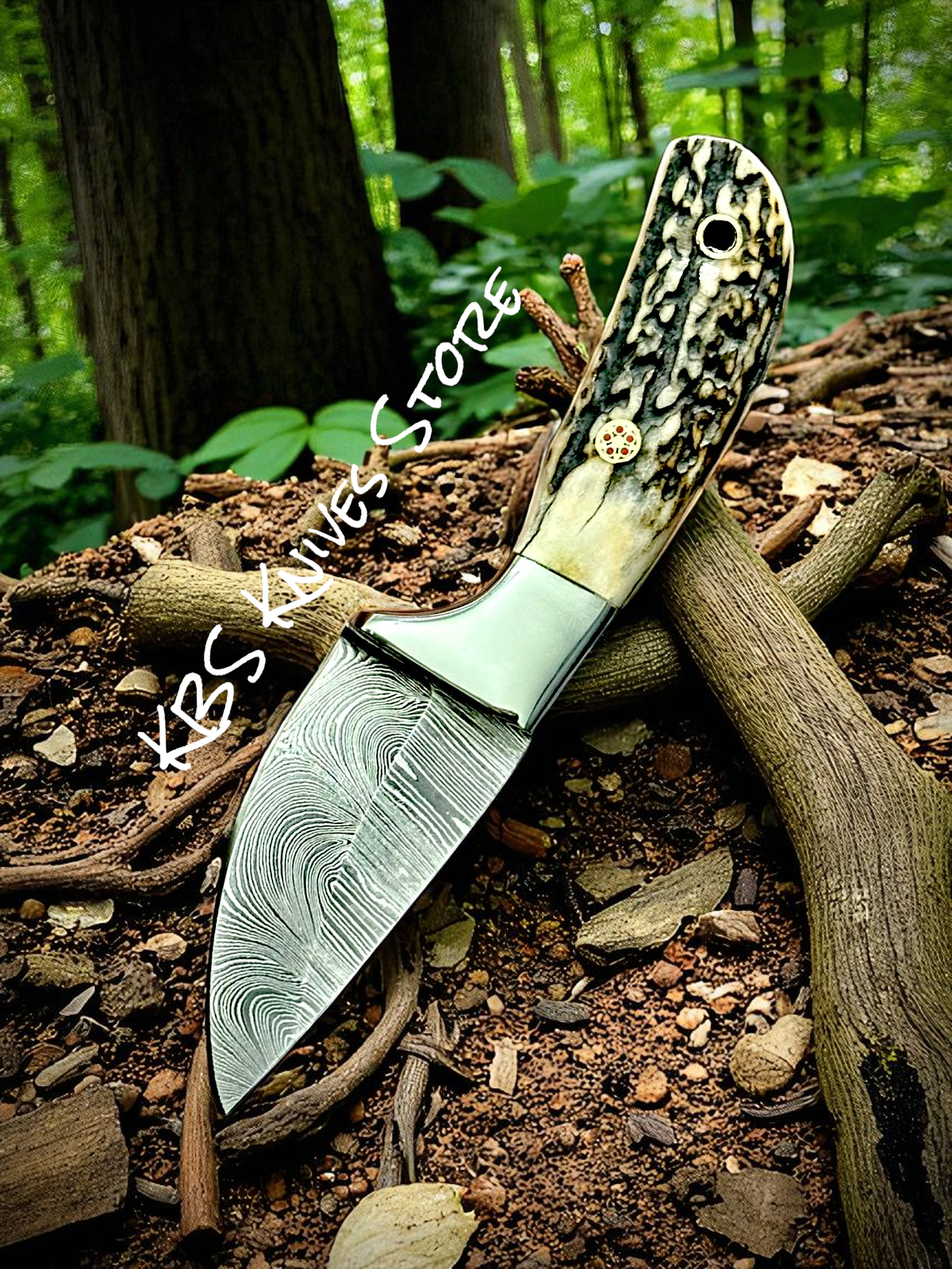 Buckaroo Knife for Rancher 5.5" Damascus Steel Full Tang Blade with Antler Horn & Leather Sheath