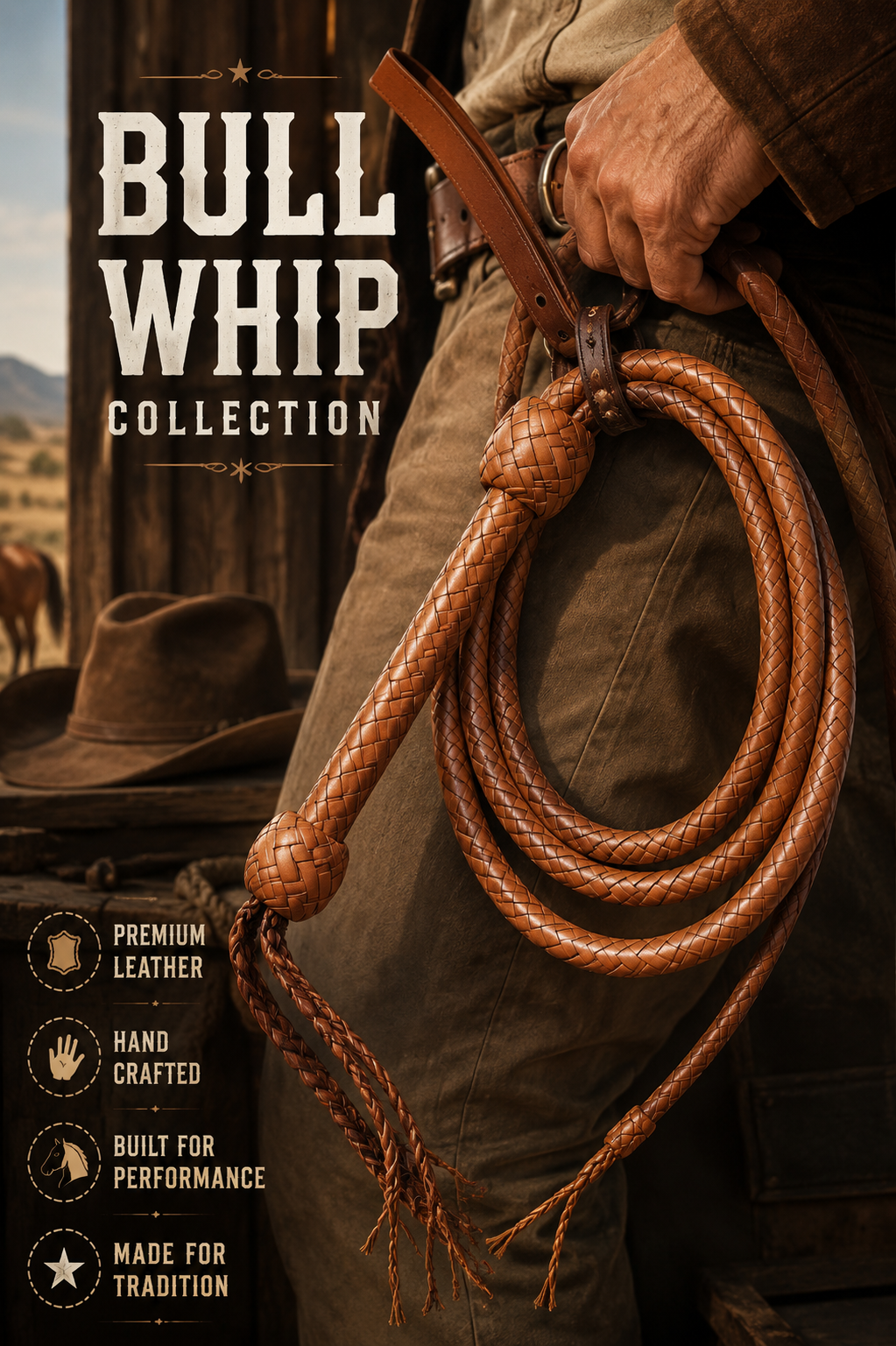 A coiled brown leather whip hanging from a person's waist in a rustic western setting, with large text reading 'BULL WHIP COLLECTION' and feature callouts about premium leather, hand crafting, and built-in performance.