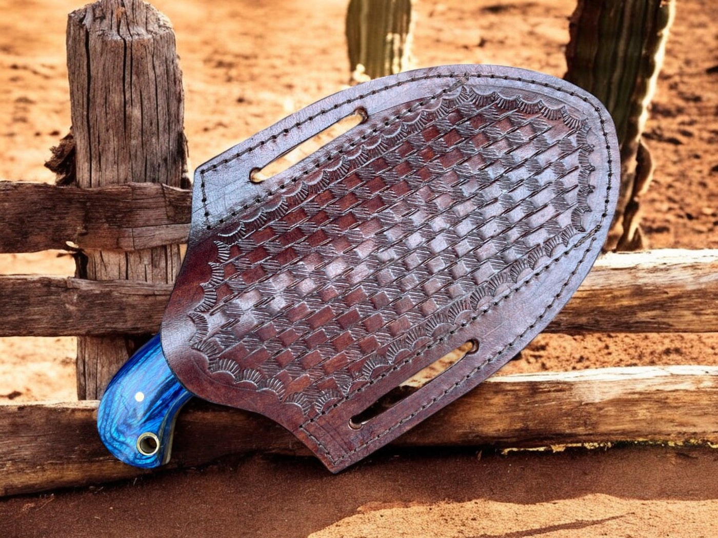 Complete 7 inch damascus bull cutter knife with western leather sheath
