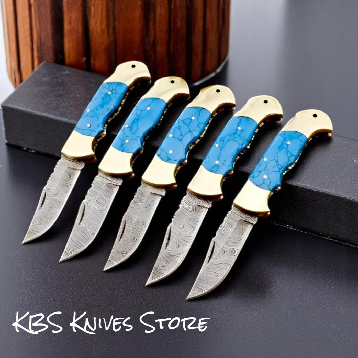 Cowboy EDC Damascus pocket knife with 3 inch blade and turquoise stone handle with brass bolsters