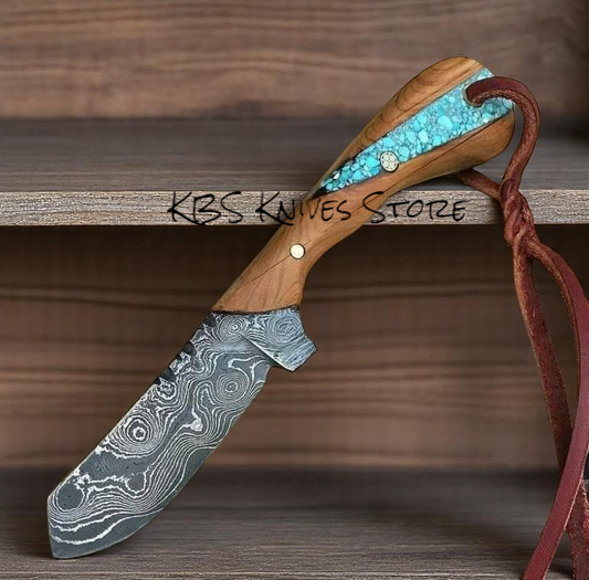 Cowboy cutter Damascus steel knife with walnut wood turquoise handle 3.75 inch blade