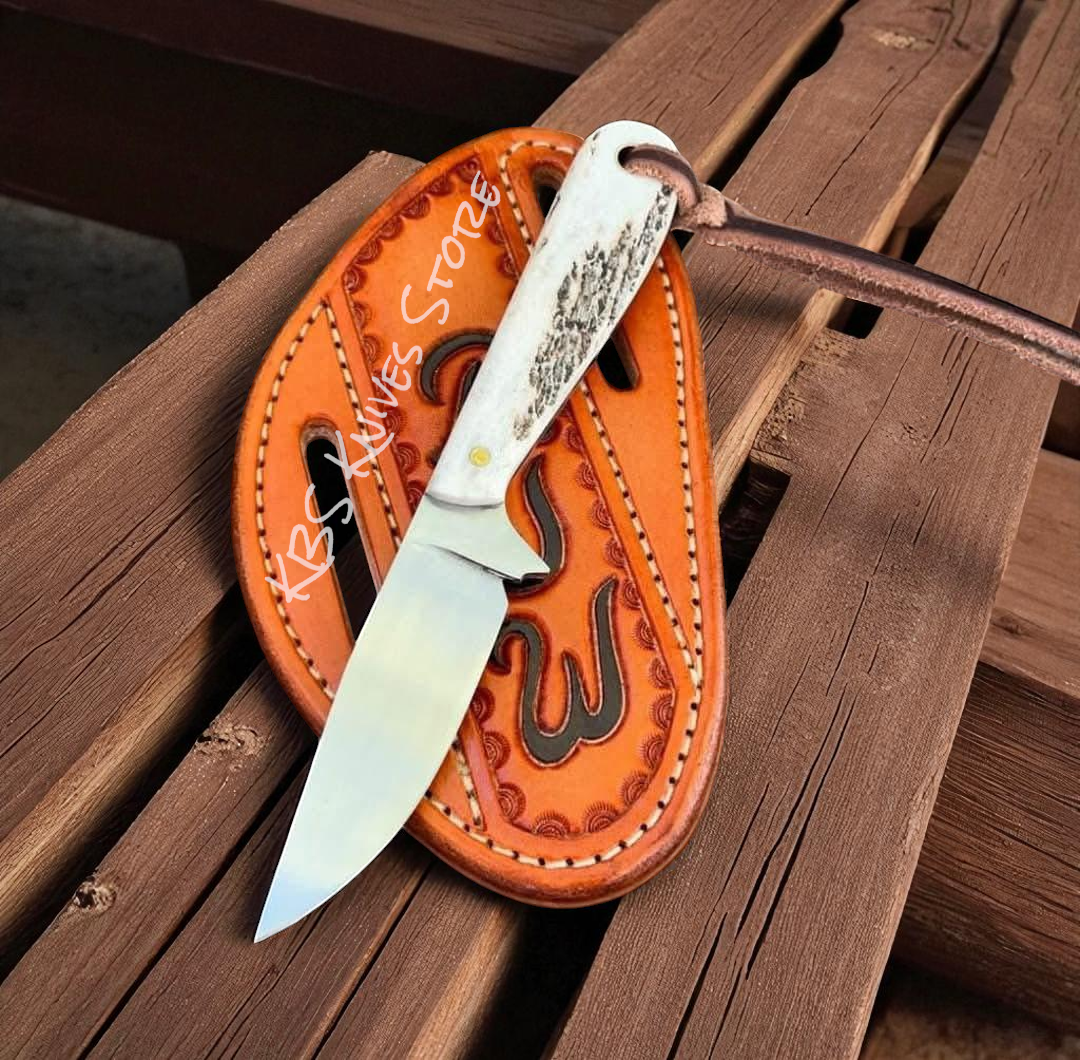 Cowboy knife with leather sheath featuring 3.5 inch D2 steel blade and antler handle for cattlemen