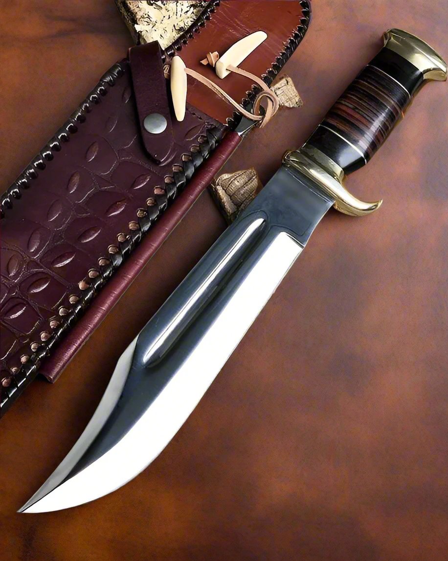 Crocodile Dundee Knife placed inside its leather sheath.
