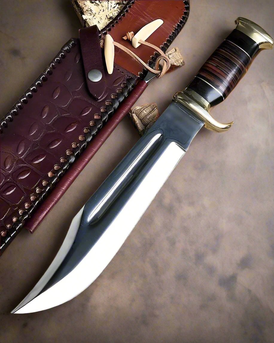 The Crocodile Dundee Knife displayed in a rustic setting.

