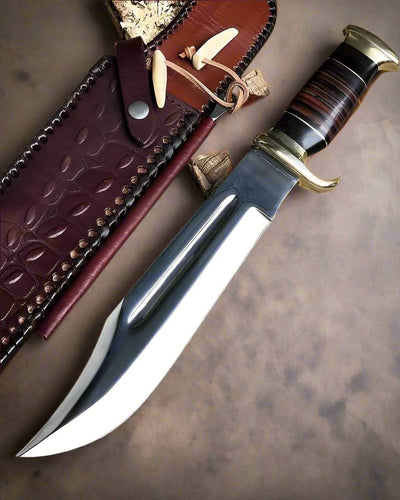 The Crocodile Dundee Knife displayed in a rustic setting.
