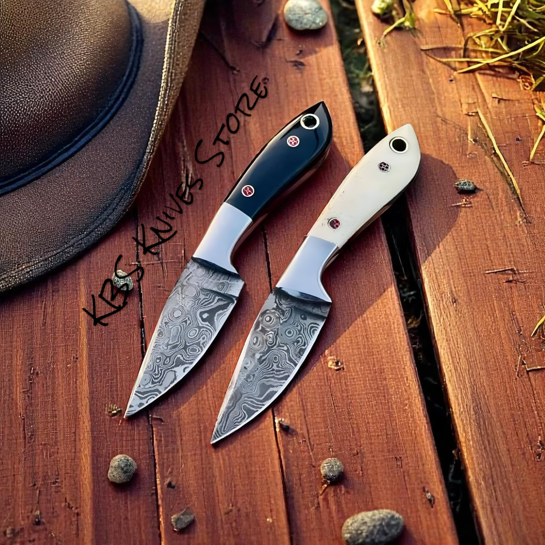 Custom 3 inch cowboy EDC Damascus knife with bone handle and leather sheath