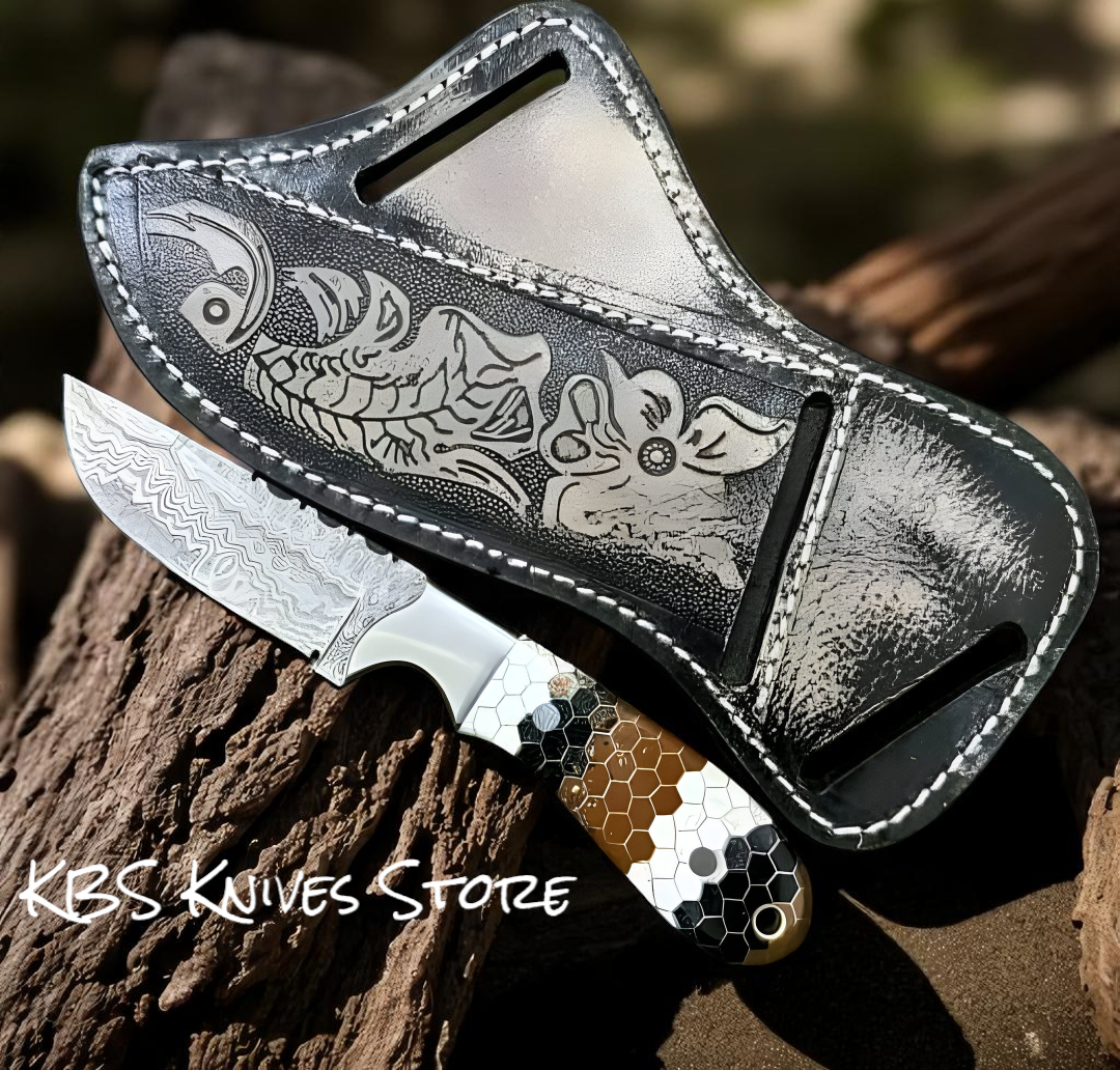 Custom 4.25 inch cowboy knife with honeycomb epoxy resin handle and steel bolster