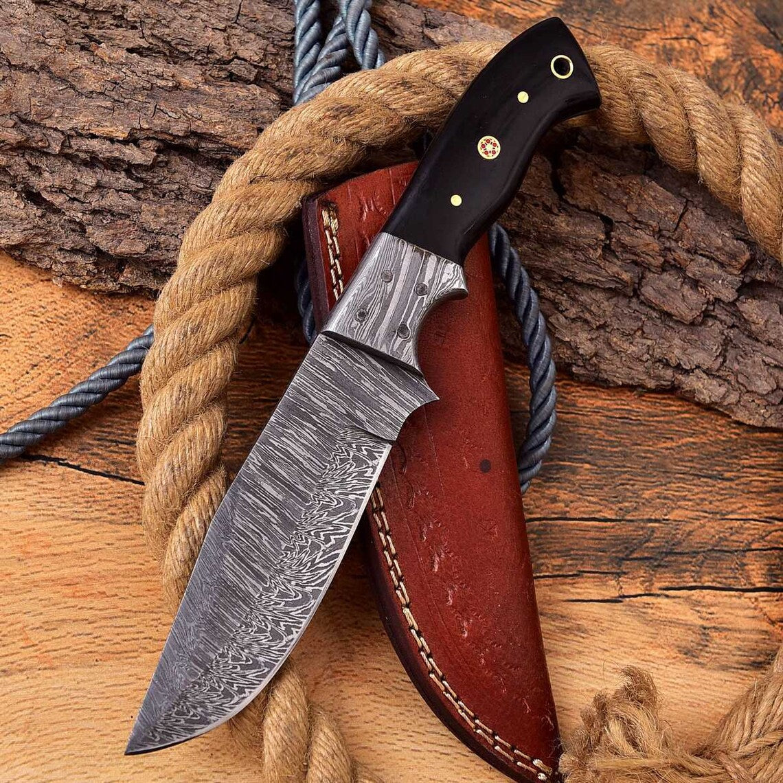 Custom Handmade Damascus Steel Hunting Knife: Ridgeback Ranger with Buffalo Horn Handle and Damascus Bolster - KBS Knives