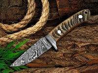 Custom Handmade Damascus Steel Skinning Knife with Sheep Horn Handle