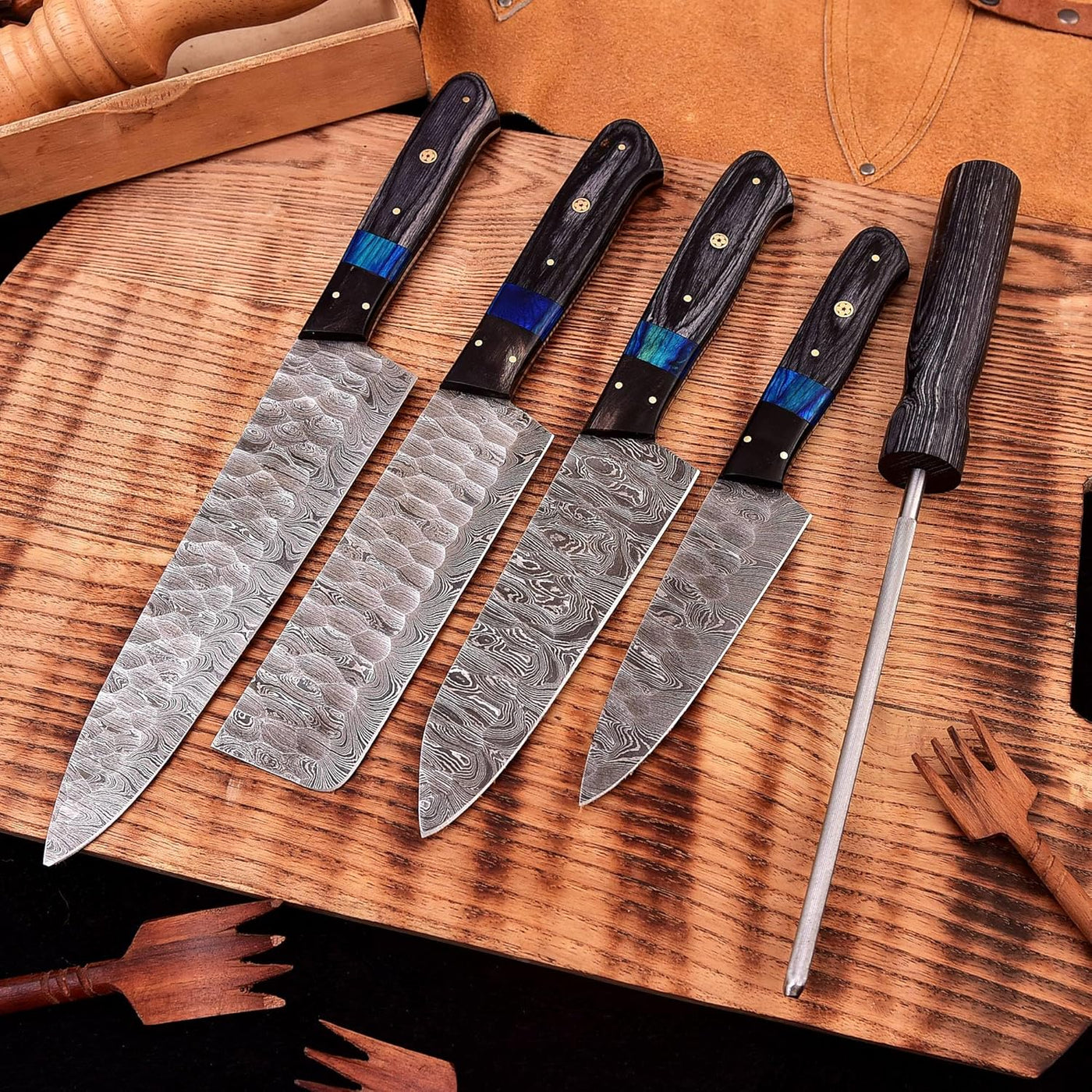 Custom handmade Damascus kitchen knife set with sharpener