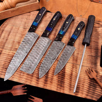 Custom handmade Damascus kitchen knife set with sharpener