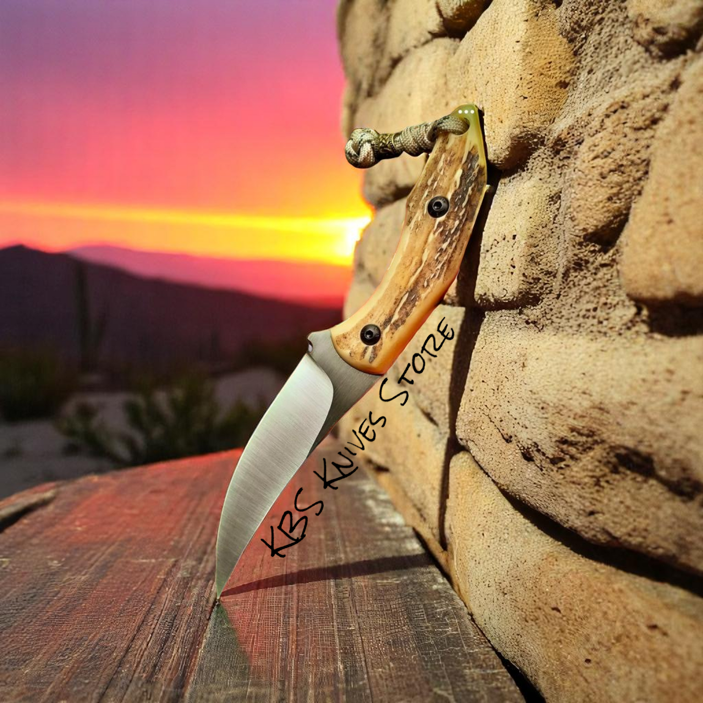 Custom cowboy belt knife with 3.25 inch D2 steel blade and antler handle for wrangler use

