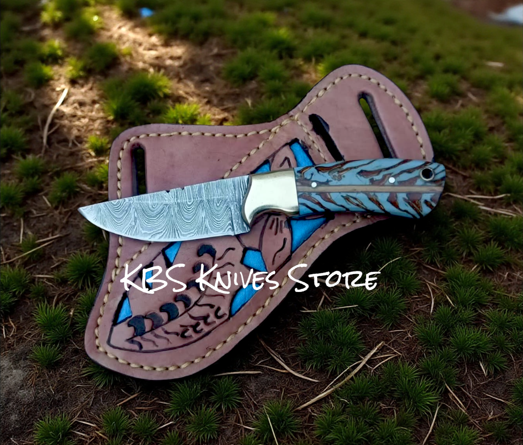 Damascus Steel 7.5" Knife with Turquoise Pine Cone Handle