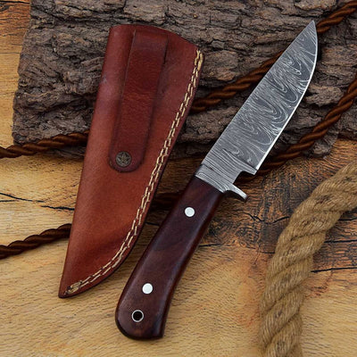 Damascus Steel Blade Knife with Rosewood Handle and Damascus Guard