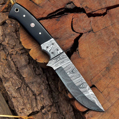 Damascus Steel Hunting Knife with Buffalo Horn Handle and Damascus Bolster - Ridgeback Ranger by KBS Knives