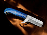 Damascus bull cutter knife with exotic blue wood handle 3.5 inch forged blade
