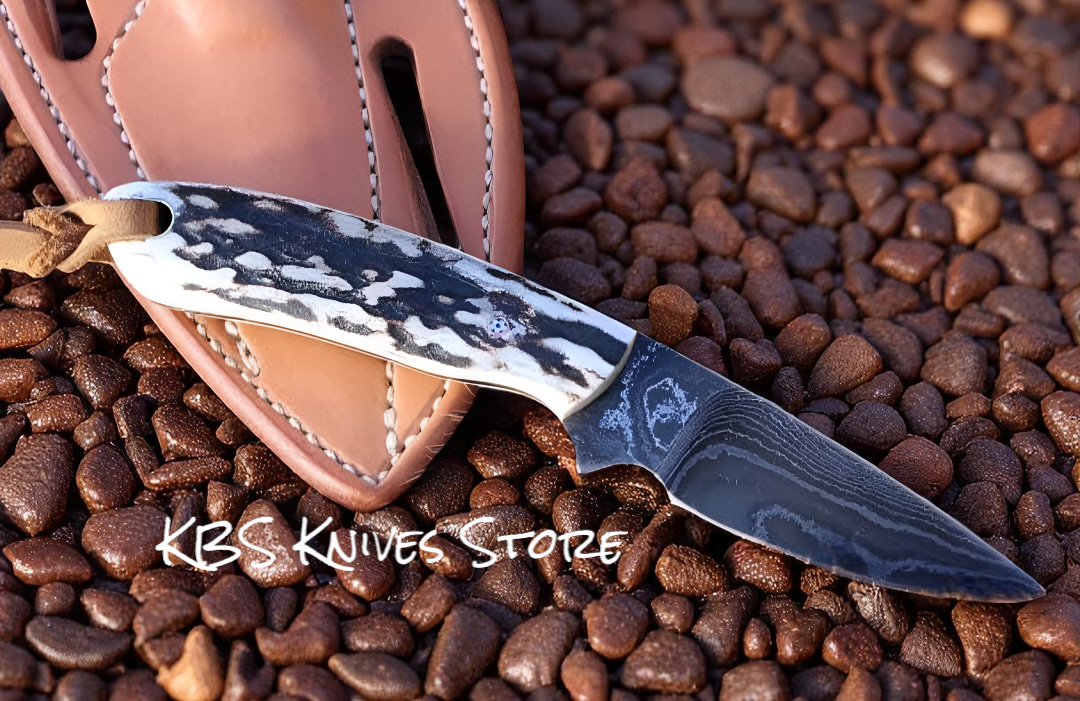 Damascus steel cowboy knife with antler handle and leather sheath 3.25 inch blade