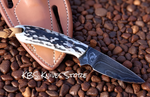 Damascus steel cowboy knife with antler handle and leather sheath 3.25 inch blade