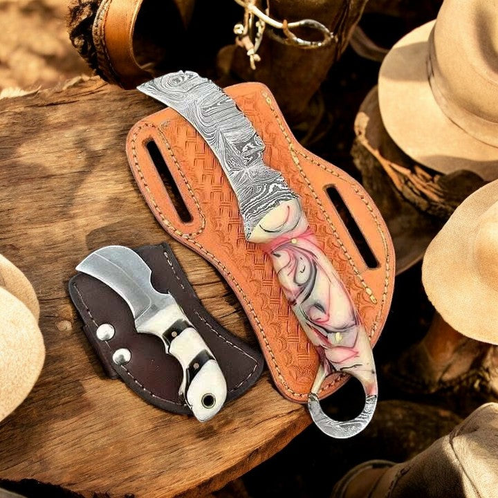Damascus steel hawkbill knife set with epoxy resin handles 8.5 inch and 5 inch curved blades