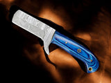 Exotic blue wood handle with natural grain on damascus bull cutter knife