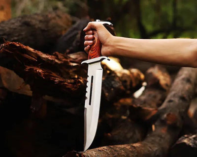Exotic red wood handle on Rambo bowie knife with steel guards natural grain