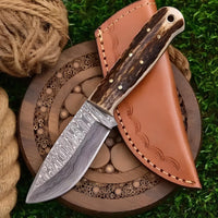 Premium Skinner Knife - Damascus Steel, Handcrafted Deer Horn Handle, 55-58 HRC