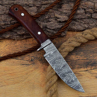 Full Tang Damascus Knife with Rosewood Handle and Premium Leather Sheath