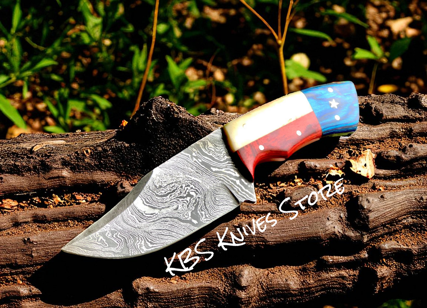 Hand Forged Damascus Skinning Knife Texas Flag Handle