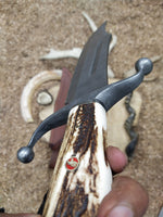 Handcrafted Bowie Knife with Antler Horn Handle and Custom Forged Damascus Guard