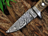Handcrafted Damascus Steel Hunting Knife with Sheep Horn Handle
