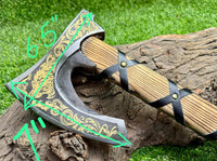 Handcrafted Viking Hatchet with engraved 1095 steel blade and ash wood handle