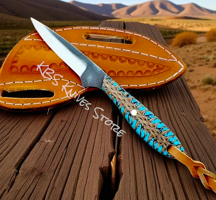 Handmade Cowboy Belt Knife for Buckaroo File Steel & Turquoise Pine-Cone Resin