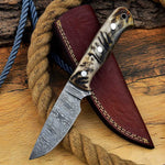 Handmade Skinning Knife with Full Tang Damascus Steel Blade and Leather Sheath