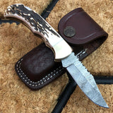 Utility Folding Pocket Knife, Everyday Carry Knife, Compact Folding Knife, Antler Horn Handle, Brass Bolster, 3-Inch Blade, Leather Case, KBS Knives Store